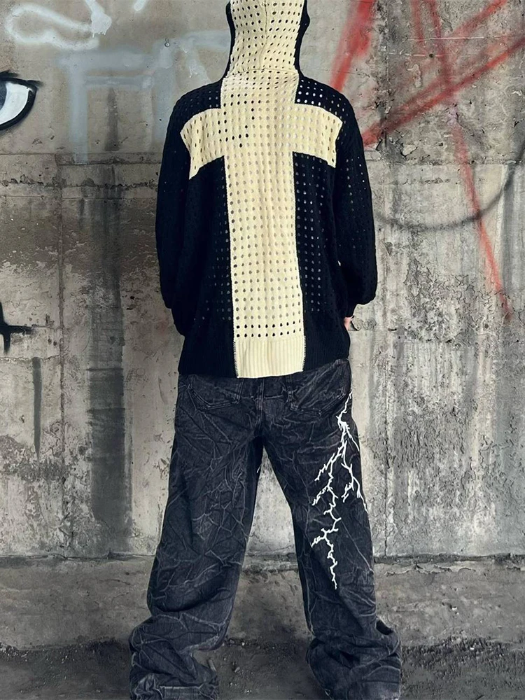 Y2k Clothes Zip Up Hoodie Hip Hop Mesh Gothic Vintage Jacket Men's Clothing Oversized Sweatshirt Harajuku Winter ropa hombre