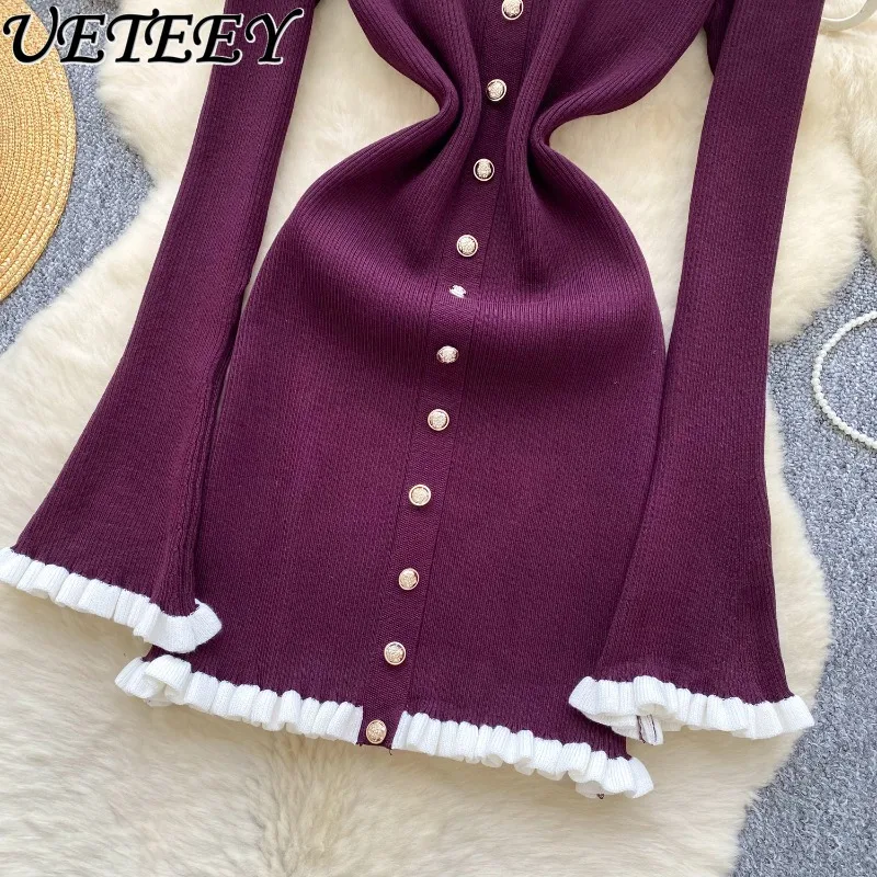 فستان خفيف فاخر اجتماعي واحد الصدر محبوك فستان بكم طويل للنساء الخريف تكدرت طوق سليم صالح فساتين متوسطة الطول