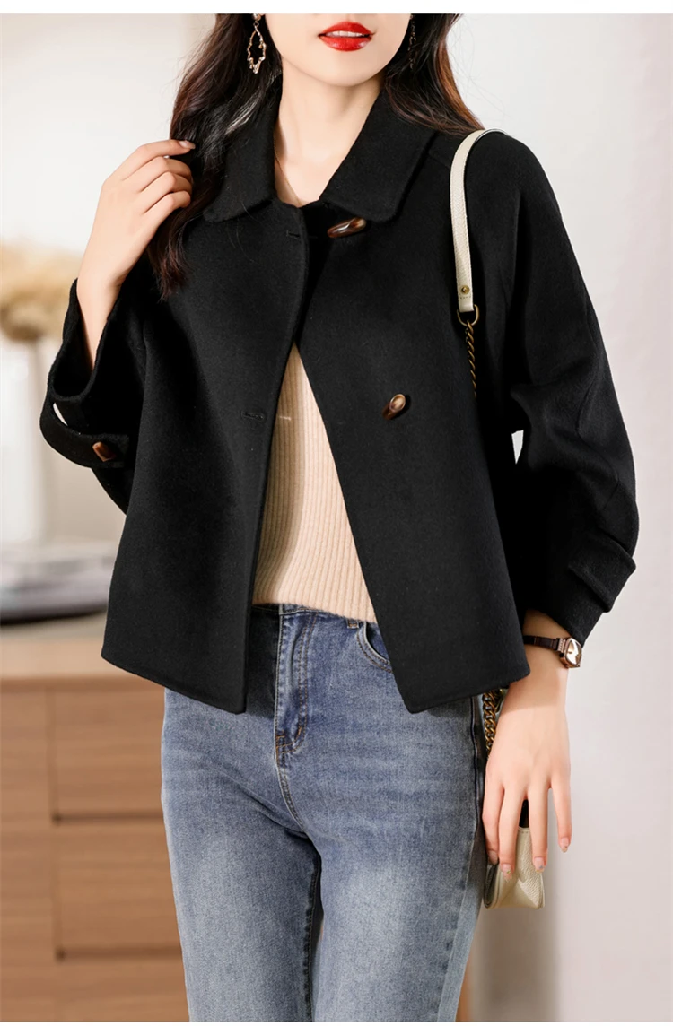 100% Merino Pure Wool Handmade Double-Sided Cloth Chic Coat Women's Short Oxhorn Button Heavy Coat High Street Elegant Top