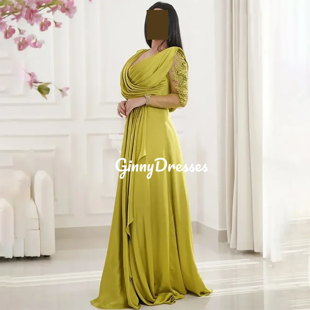 Abito da sposa personalizzato Oro A-Line Scollo a V Abiti da cerimonia lunghi fino al pavimento Liste Cerniera Maniche lunghe فسات Boni evimavera