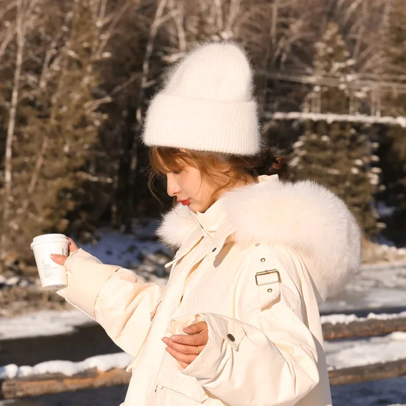 New in Fashion Warm Cashmere Wool Skullies Angola Rabbit Fur Winter Knitted Beanies Women Cap Female Three Fold Ski Outdoor Hats