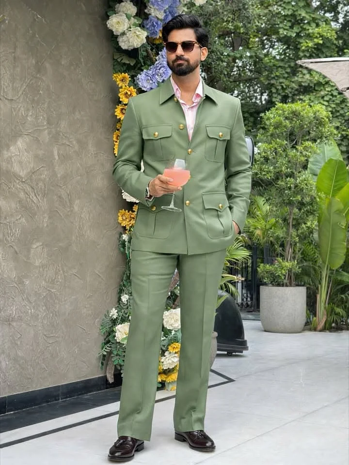 Gwenhwyar Men Luxury Sage Green Safari Style 2 Piece Suit, Multi Pocket Button Jacket with Straight Trousers, Wedding Party
