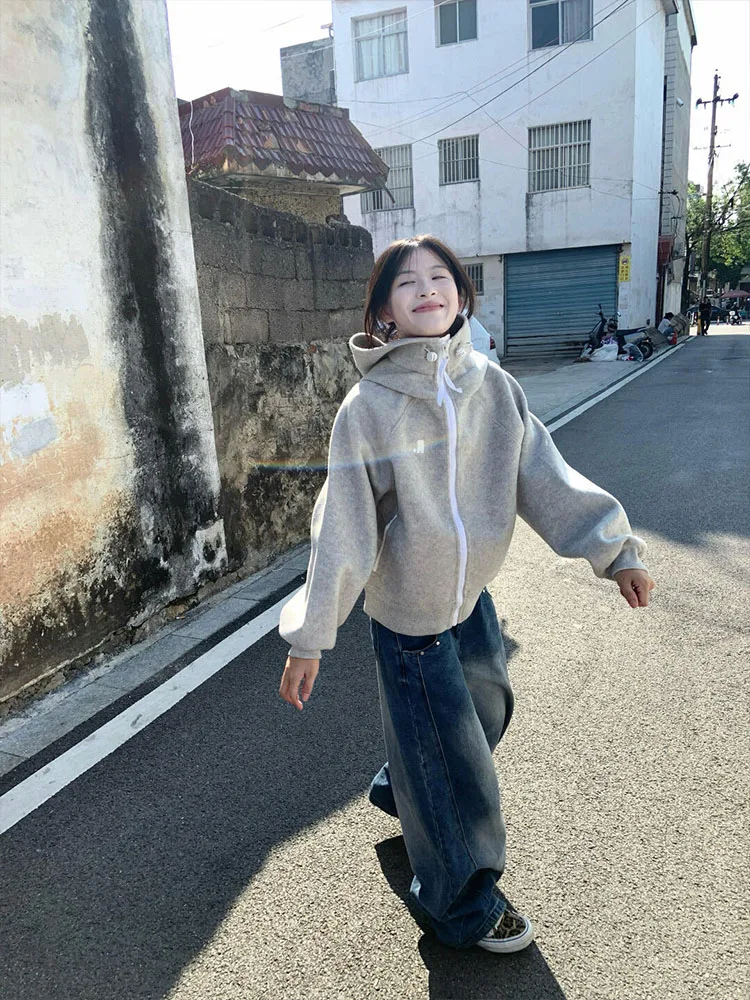 

Street Sle Women's Woolen Coat with Hood And High Collar Zipper Design Loose Fit Autumn Winter New Arrival Faion Brand