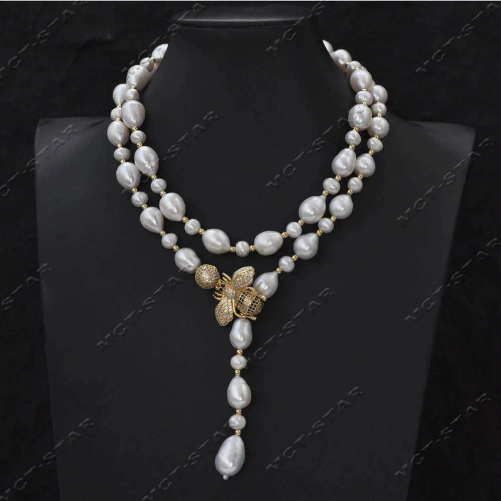 

MCT·STAR Z13664 30" Gray white Round Rice Freshwater Pearl Necklace Keshi Pearl Pendant CZ Custom Jewelry