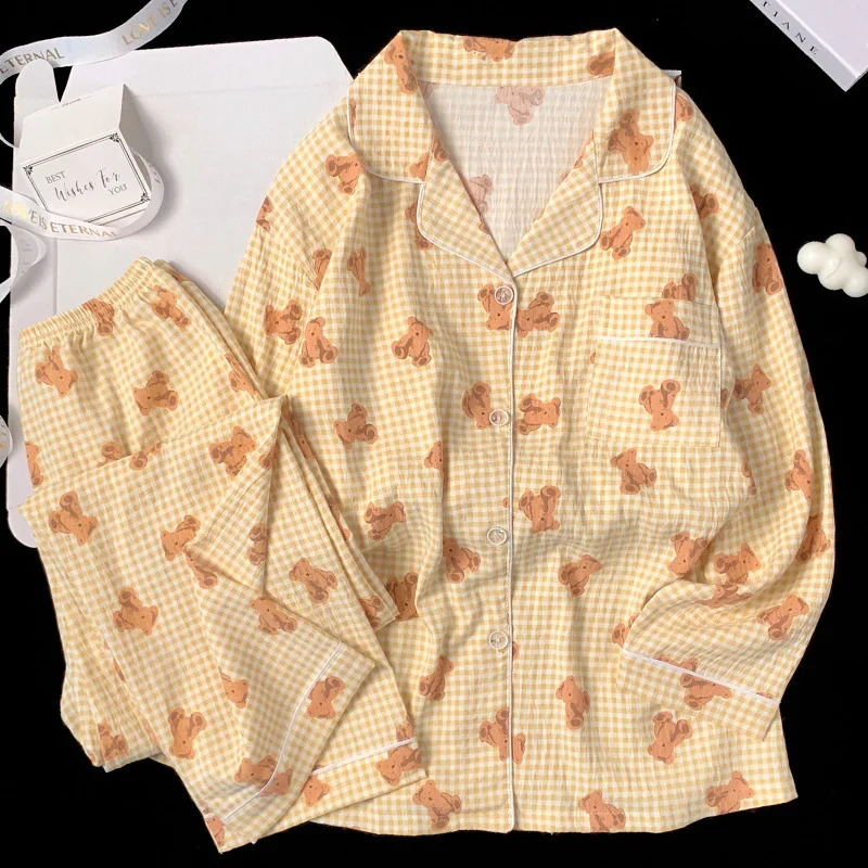 Spring and Autumn New Women\'s Pajamas Homewear Suit Plaid Bear Clouds Cotton Pajamas Women Simple Long-Sleeved Suit Homewear