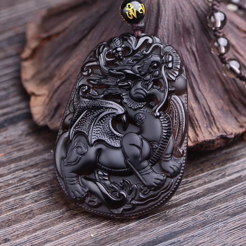 Selling retro and fashionable Chinese style ice black jade necklaces, natural ice black jade flying unicorn pendant