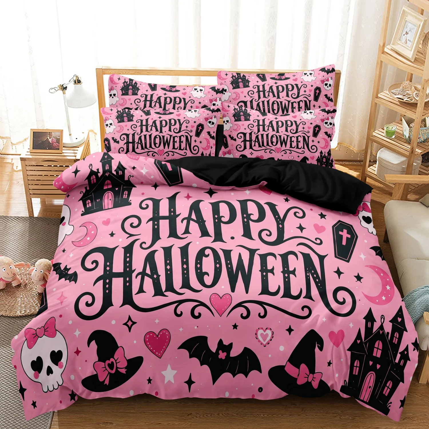 3Pieces Cute Pink Spooky Halloween Print Duvet Cover Set, Happy Halloween Slogan Skull Hat Bat Castle Love‑Heart Pattern Bedding