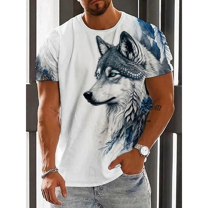 

3D Printed Wolf Pattern Summer Outdoor Casual Men's T-Shirt Loose Comfortable Sports Short Sleeves Street Fashion Crewneck Tops