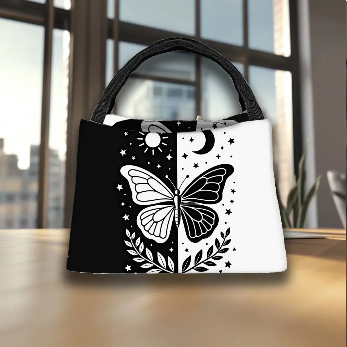 Sun Moon Butterfly Insulated Lunch Bag Reusable Oxford Cooler Tote for Office Picnic Travel Aesthetic Floral Food Storage