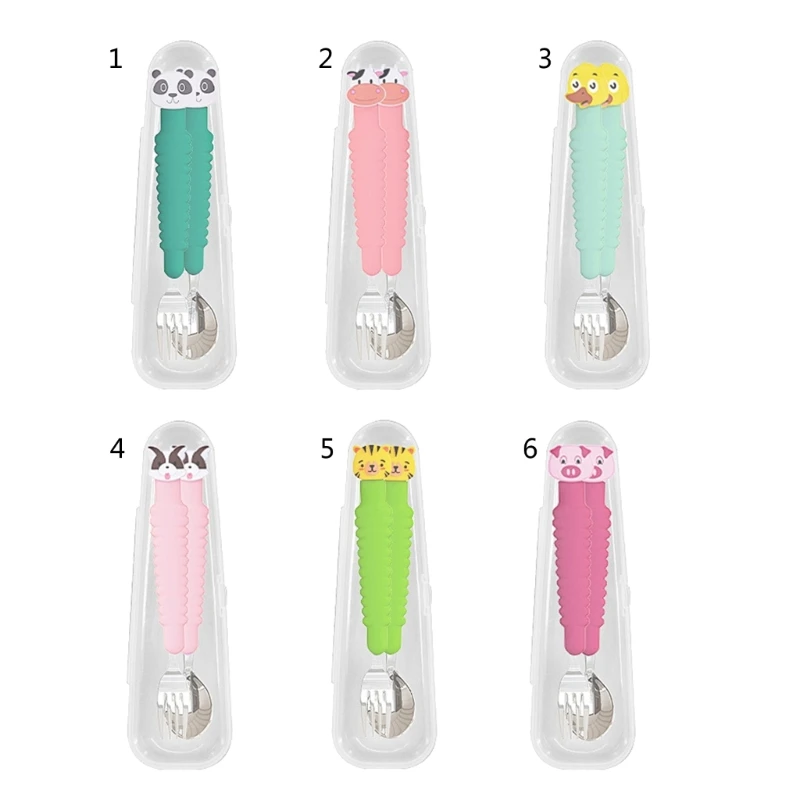 

Children's Tableware Baby Silicone Stainless Steel Fork Spoon Set Training Spoon Cartoon Eating Prong Scoops for Feeding