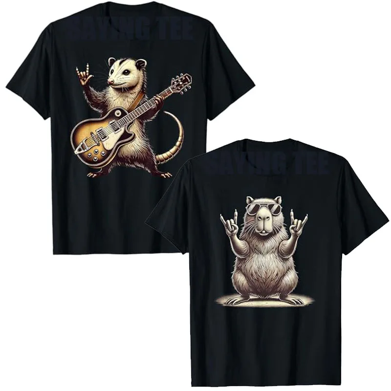 Retro Possum Rock Music Men Women Funny Opossum Rock T-Shirt Streetwear Retro Capybara Rock Graphic Y2k Top Fashion Saying Tee