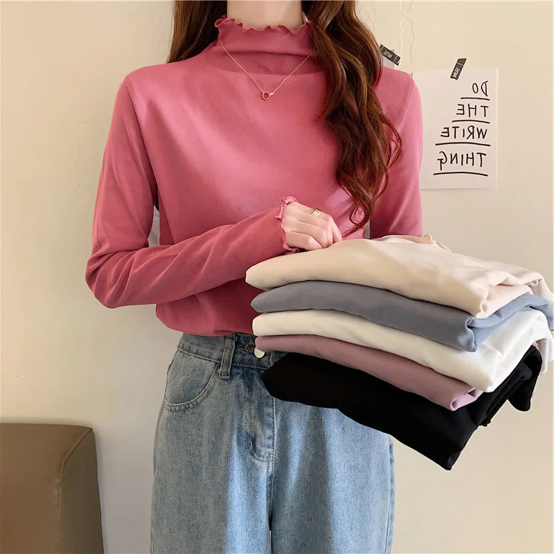 Femmes col haut Long Sve Fce doublé Base irt printemps automne Faionable polyvalent vêtements intérieurs haut qualité Polyester