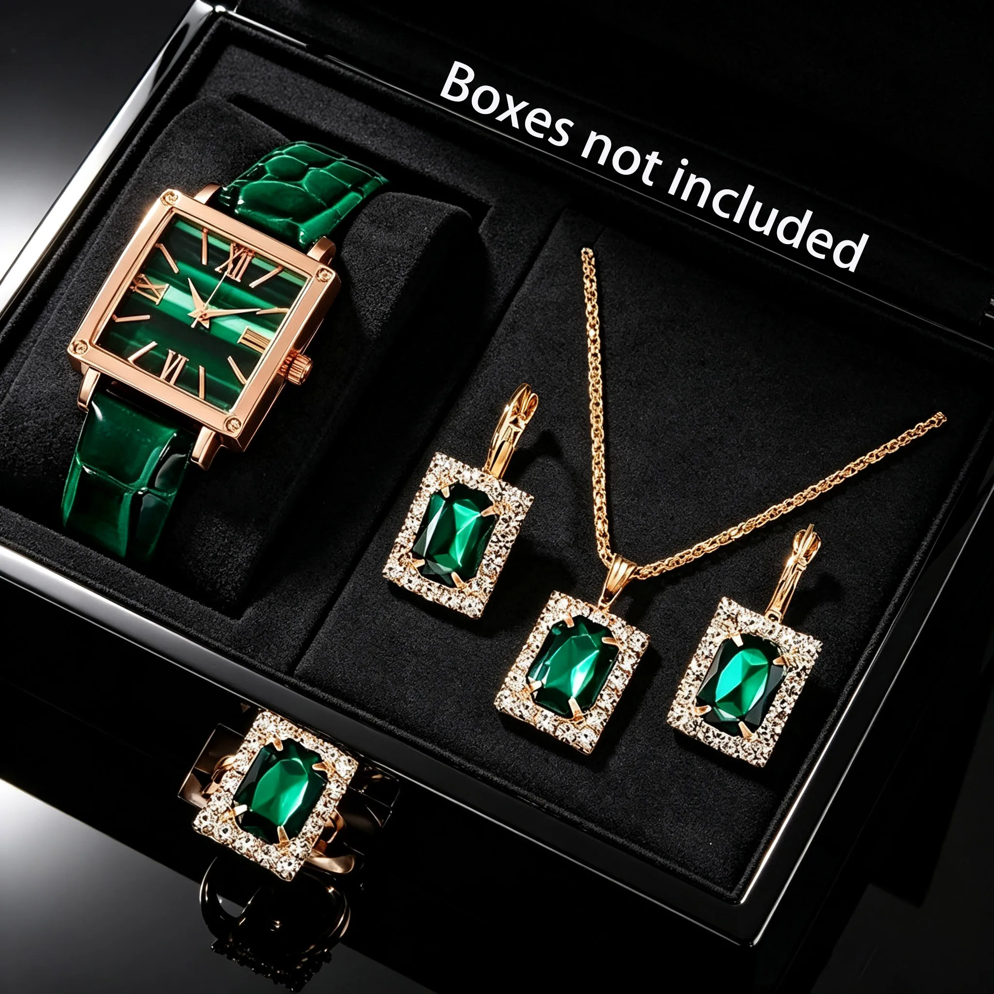 1Pc Women's Fashionable and Elegant Square Quartz Watch + 4Pc Exquisite Jewelry Set, Pu Leather Strap, Perfect Gift for Friends and Family on Valentine's Day, Easter, Ramadan, Birthdays, Halloween, Christmas, and New Year