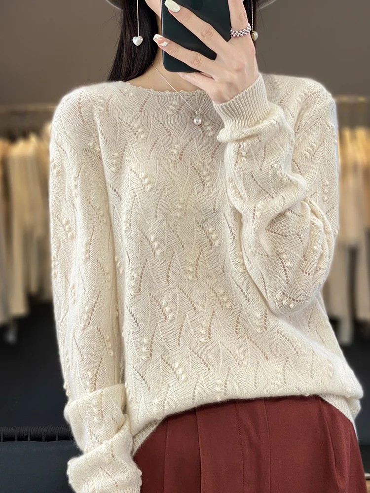 

All Seasons 100% Wool Sweater Women O-neck Long Sleeve Top Korean Style New In Pullover Mujer Knitted Hollow Out Casual Clothe