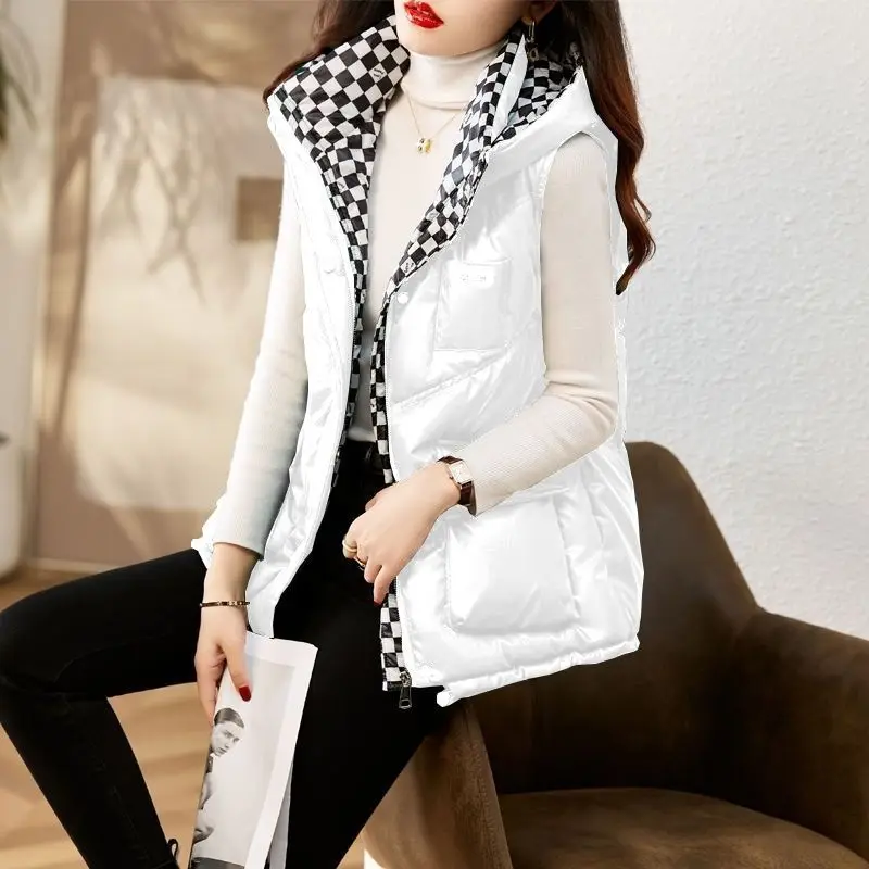 Autumn Winter Vest Women Sleeveless Jacket Cardigan Hooded Glossy Quilted Jacket Korean Chic Tops Waistcoat Loose Mujer