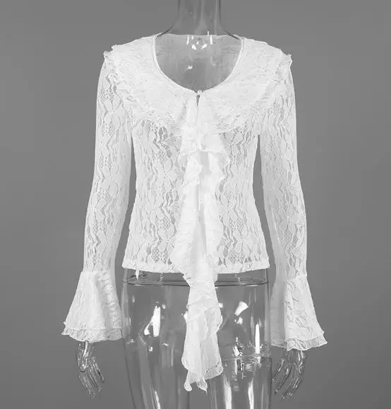 

Slim Fit Women's Shirt for Spring and Summer, New Solid Color Round Neck, Leaf Lace Hook Flower Trumpet Sleeve Lace Shirt