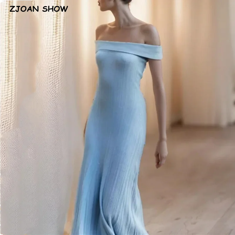 2024 Women Plain Knitted Rib Slash Shoulder Mermaid Dress Sexy Stretch Slim Waist Package hips A-lined Long Fishtail Party Robe