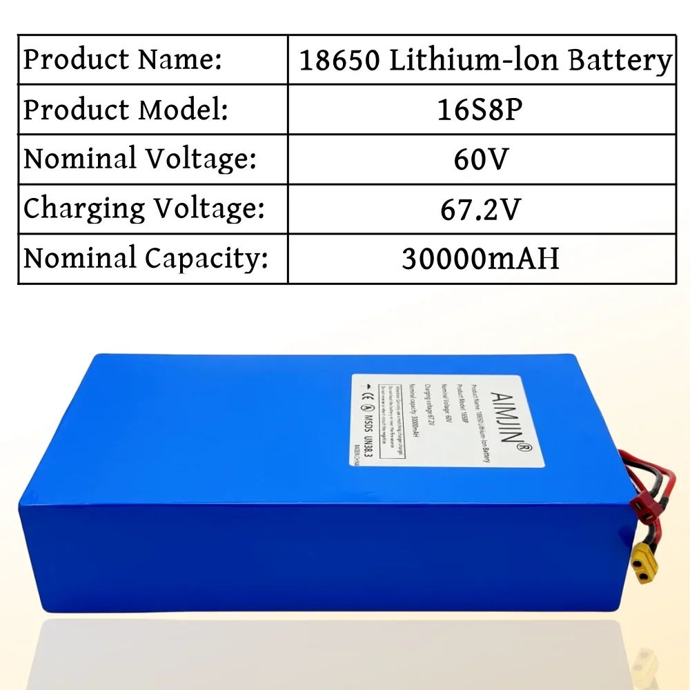 100% New 60V 30Ah 16S8P Lithium-ion Battery Pack 30000mAh Rechargeable Battery 2500W High-power Advantageous Battery