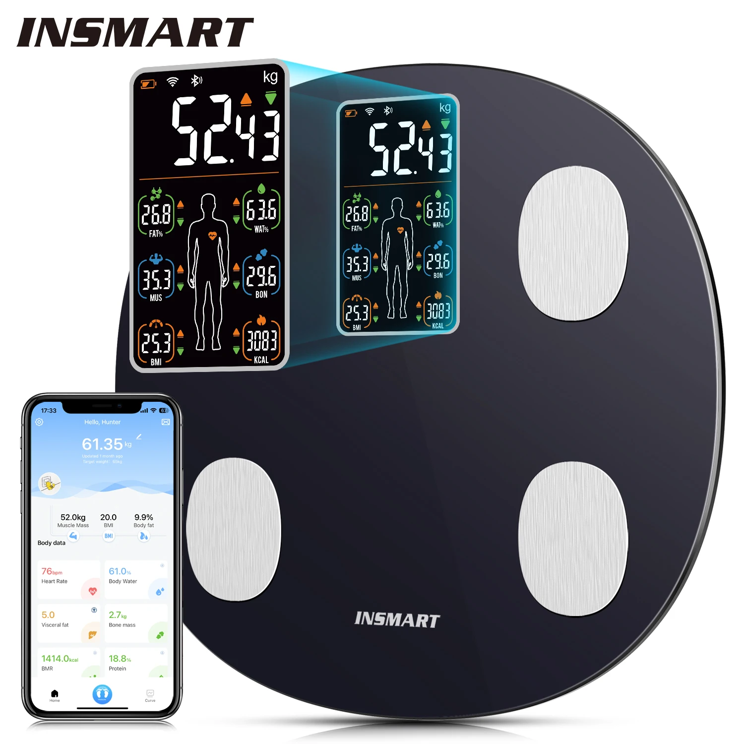 INSMART 체중계 균형 스마트 저울, 화면 디지털 저울 체중 Bmi 체지방 욕실 저울 블루투스