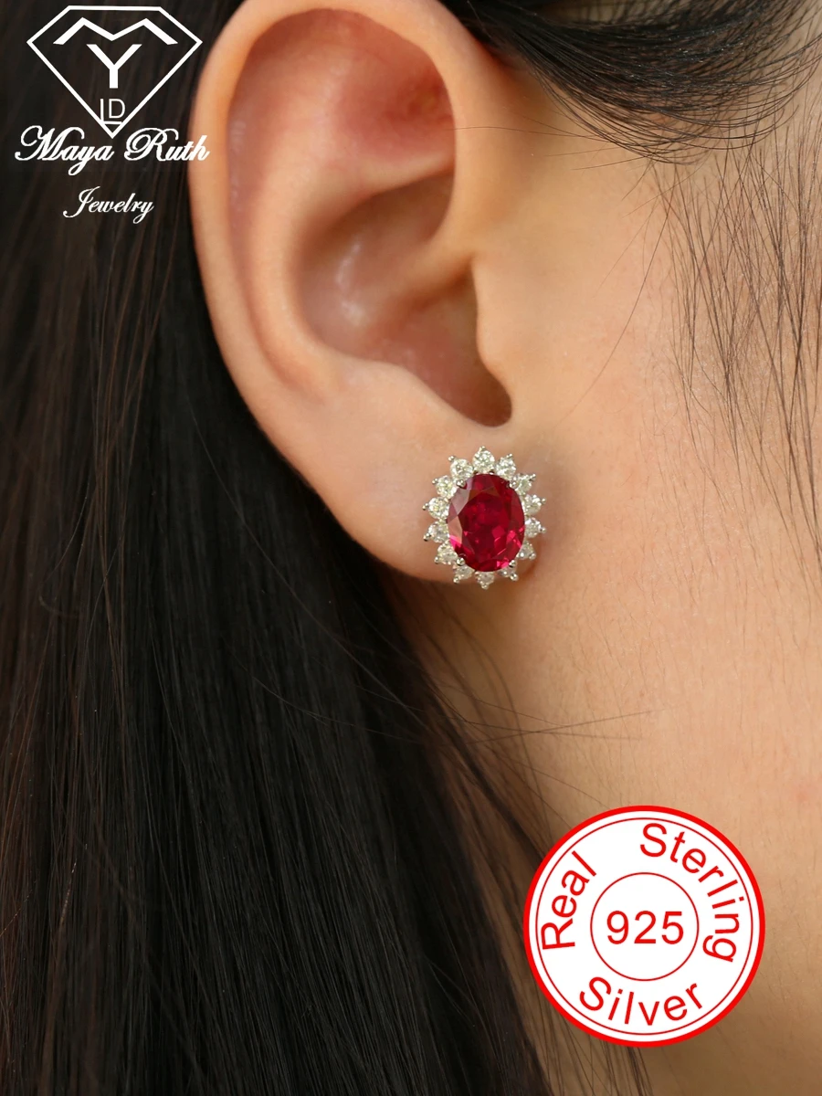 

Lab Created Ruby Real Echt 925 Sterling Silver Party Earrings For Women Gemstone Halo Diana Princess Oval Shape Female Gift