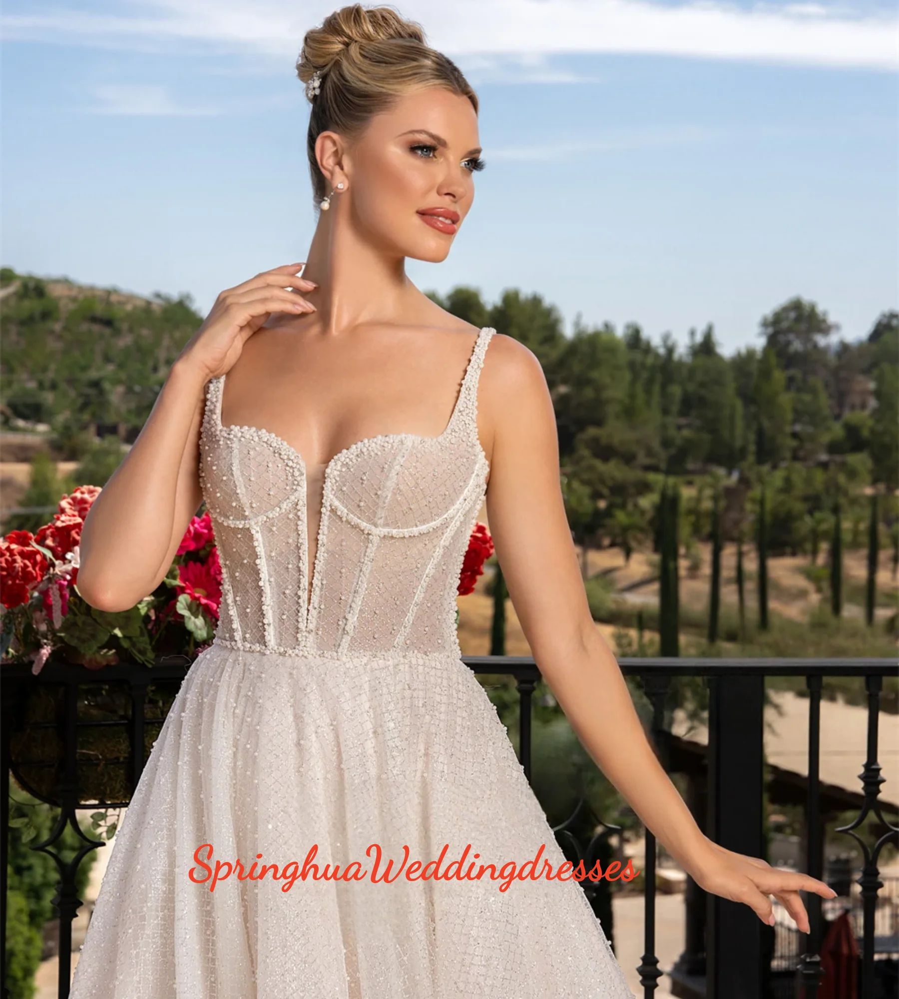 Customized Shiny Thin-Strap Tulle Beads Wedding Dress for Women Sweetheart Bridal Dress Vestidos De Novia