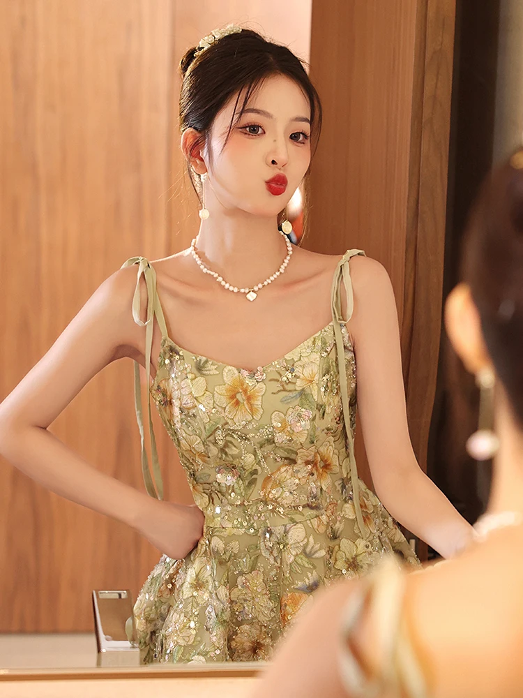 

Элегантное вечернее платье для женщин, роскошное, высококачественное, для дня рождения, для ведущей, красивое, без бретелек, в корейском стиле, с цветочным узором, А-силуэт