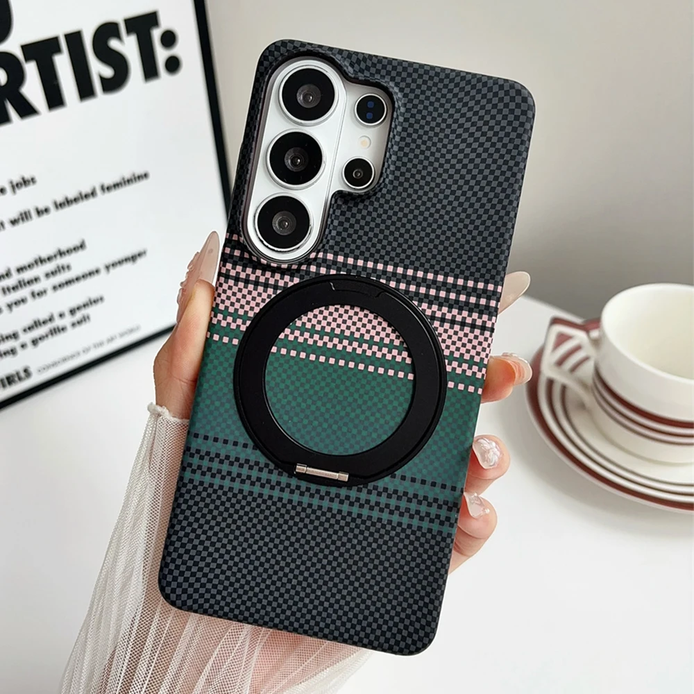 Magnetischer Drehständer Kevlar-Muster Handyhülle für Samsung S25 S26 Ultra S24 Plus S23 Stoßfeste Gradient Dünne PC-Rückabdeckung