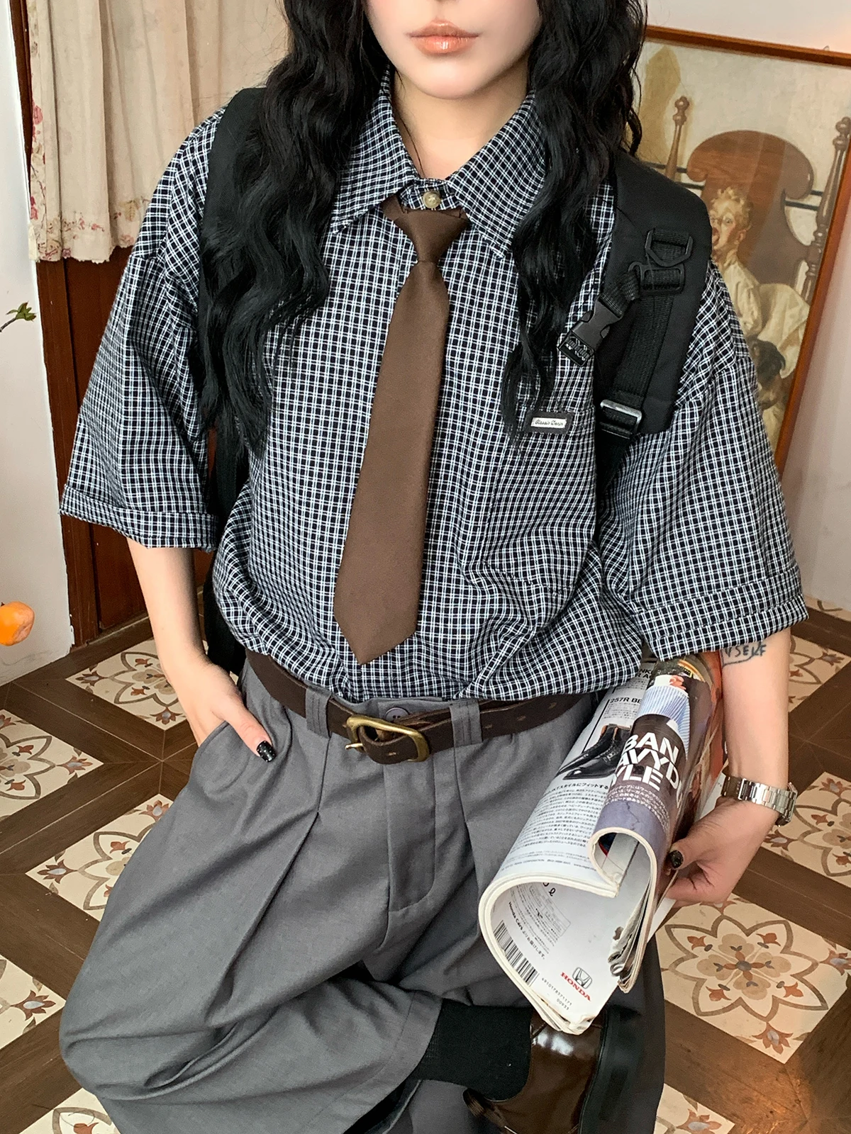 

Casual Summer Women's Shirt Loose Fit Plaid C2 College Style Short Sleeve Tie Front Versatile Top Breathable Skin-Friendly