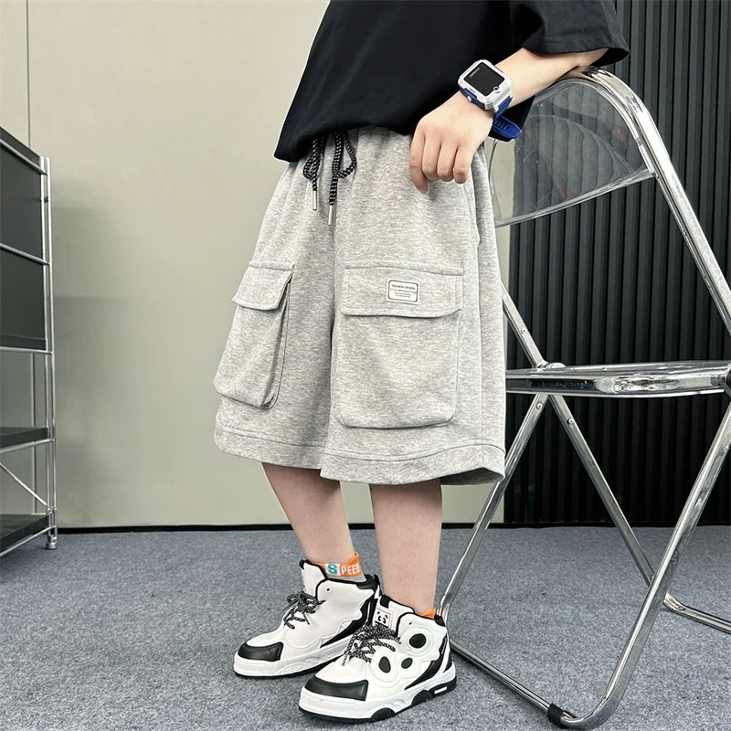 

New Casual Kids Child Summer Cotton Shorts with Drawstring for Teenage Boy Solid Color Knee Length Cargo Shorts with Pocket 5-14
