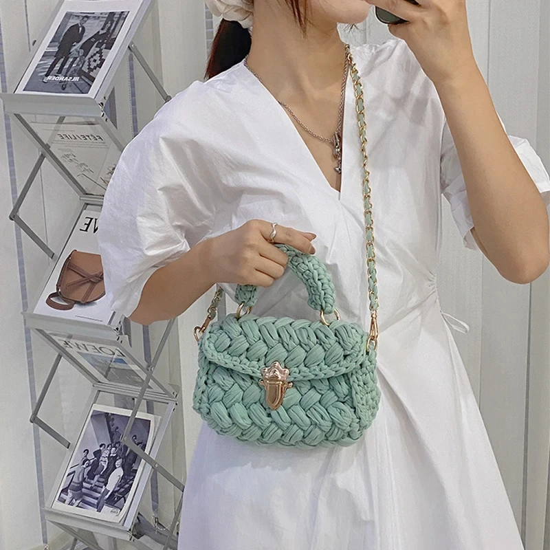 JIOMAY Knitting Bags for Women 2024 Woolen Yarn Handmade Woven Handbags with Chain Ladies Fashion Solid Color Square Crochet Bag