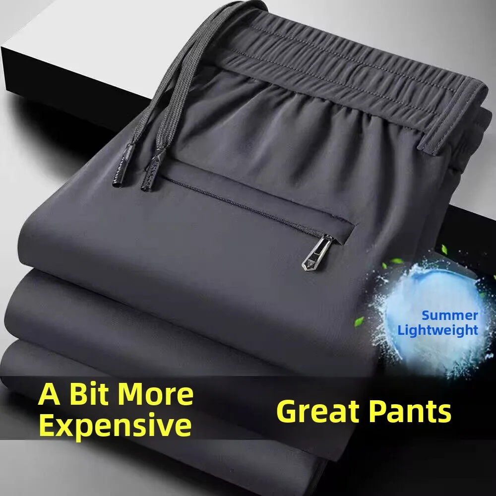 Ice Silk Men's Summer Pants Thin Breathable Loose Casual Sports Trousers Quick Dry Non-ironing Elastic Waist Straight Leg