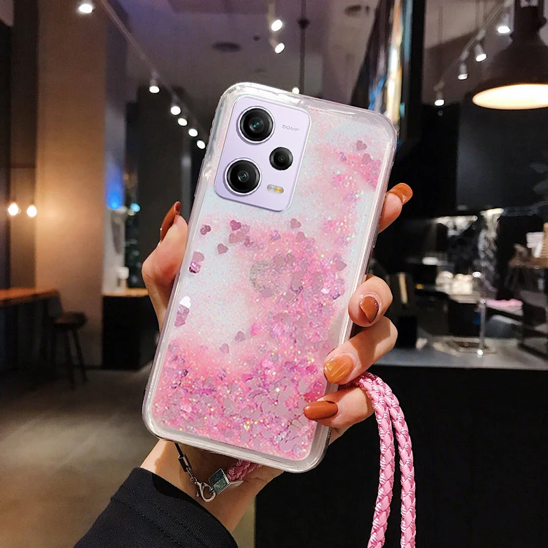 Lanyard Glitter Liquid Silicone Case For Xiaomi Redmi Note 12 11 10 11S 10S 9 8 8T Pro Plus 4G 5G Soft Back Cover