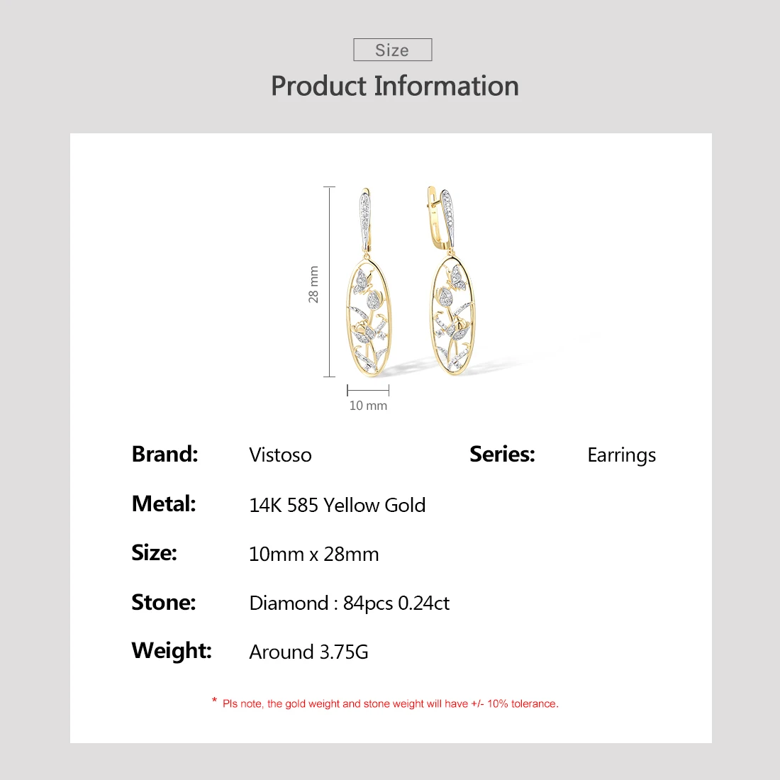 VISTOSO Real 14K 585 Yellow Gold Butterfly & Flower Earrings For Women Sparkling Diamonds Dangling Latch Back Fine Trend Jewelry