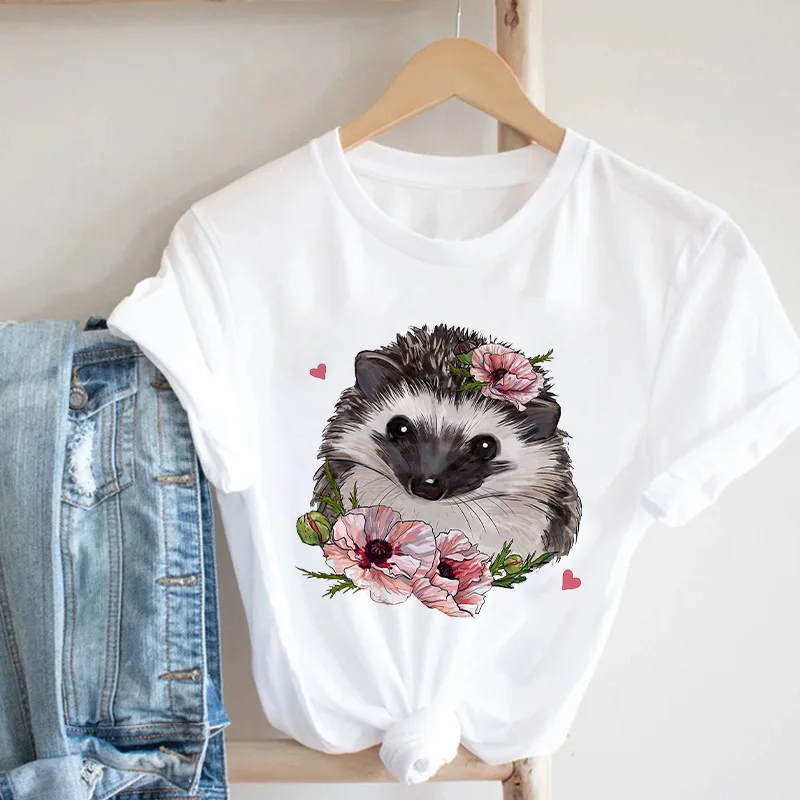 

Hedgehog Flower Print T shirts Women Summer Clothing Fashion Spring Summer Tshirt Tops Lady Graphic Clothes Female Tees T-Shirt