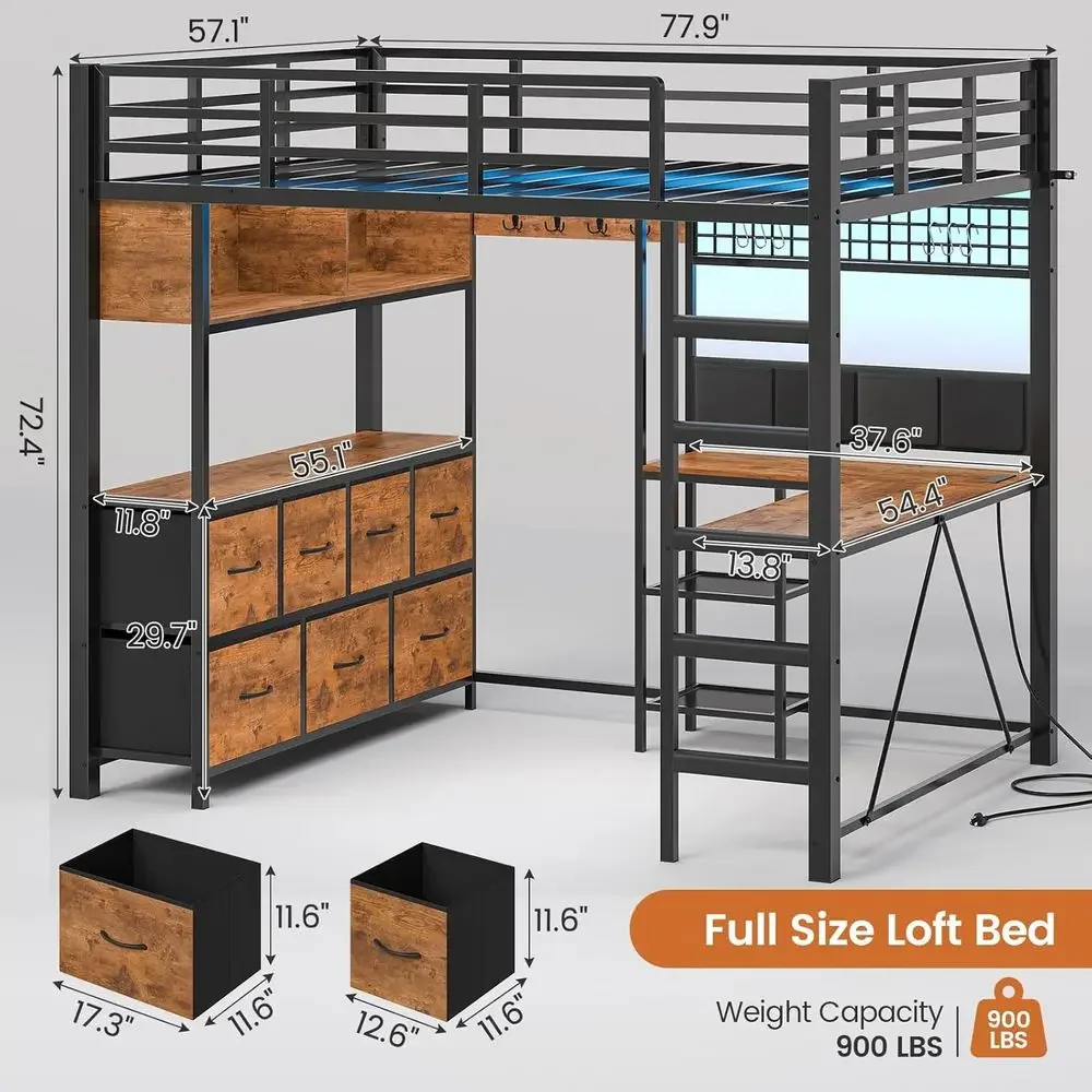 4-in-1 Full Size Bed with 7 Storage Drawers, Large 2-Cube Bookshelf, Desk, and Charging Station, Metal Bed with LED Lights and O