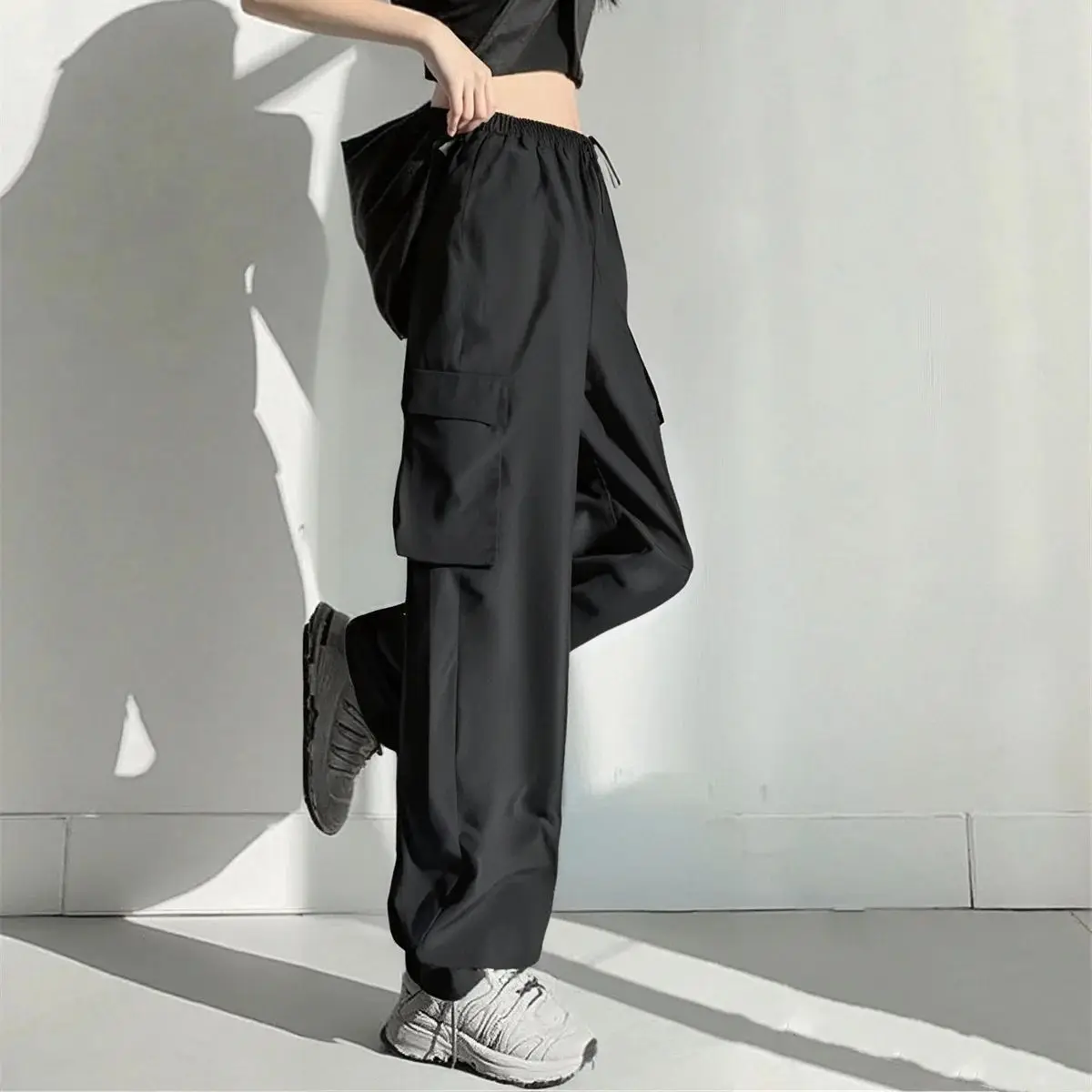 Plus Size Straight Cargo Pants Women Fashion Solid Pocket Elastic Waist Trousers American Retro Street Pant Lady Casual Clothes