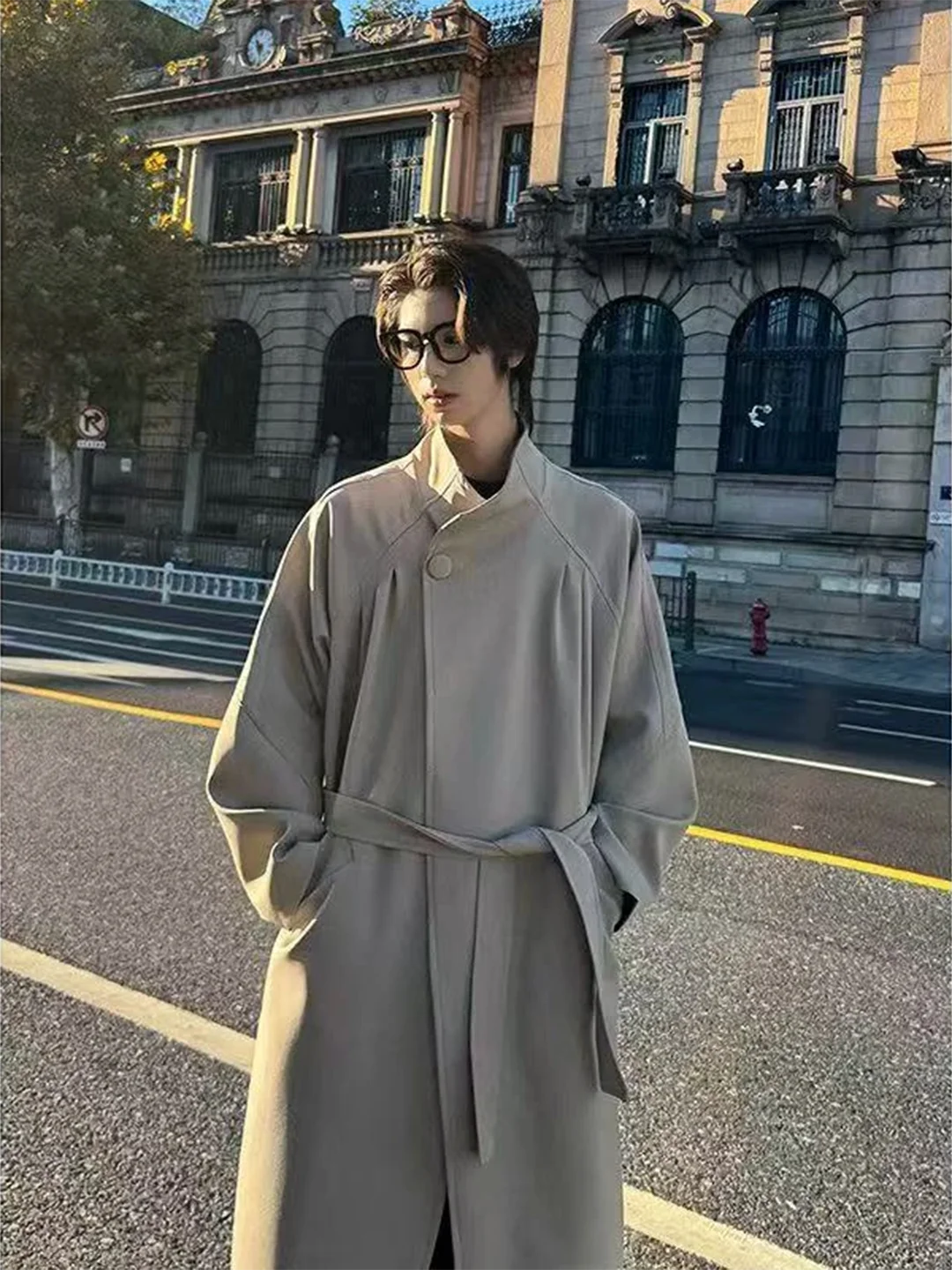 

Cordouan Sle Men's Long Overcoat Khaki Stand Collar Faion Urban Youth Autumn Knee-Length Coat Single Button Pure Color