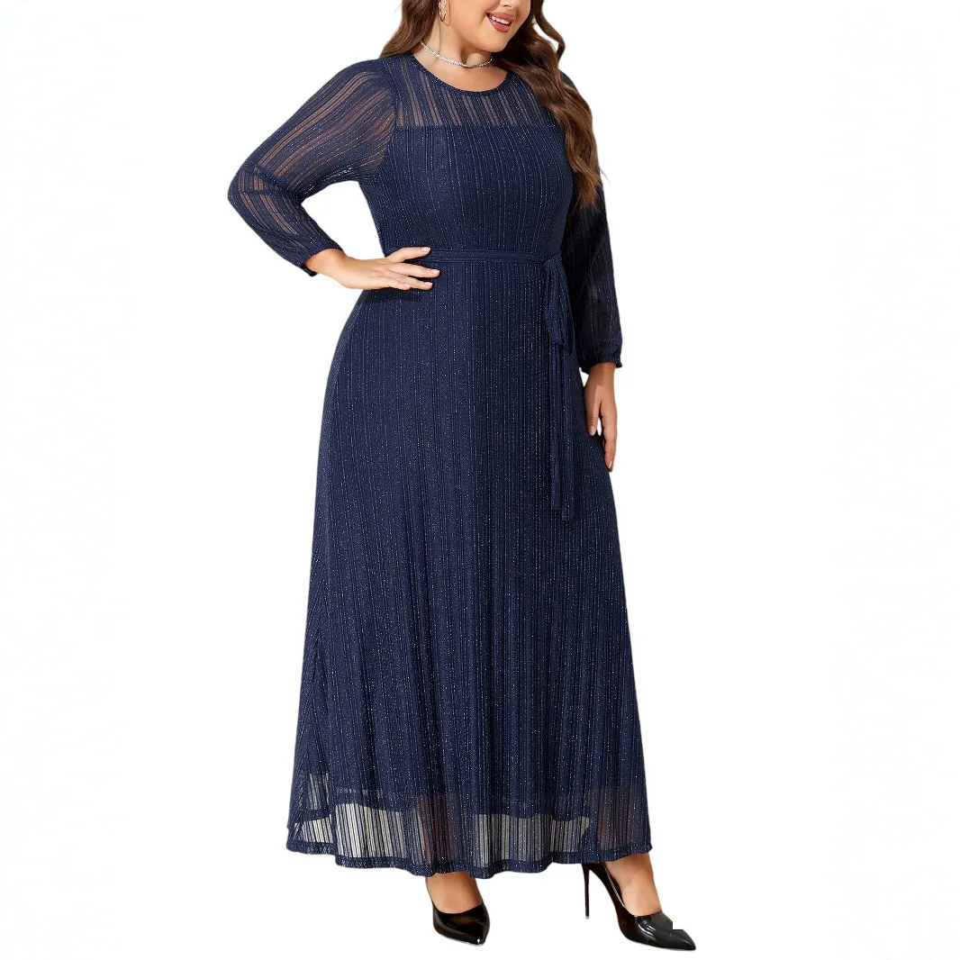 

Elegant Shiny Lace-Up Mesh Plus Size Formal Dress With Long Sleeves