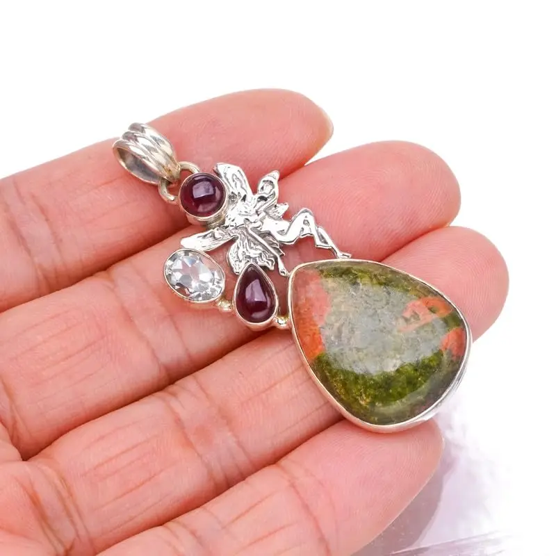 StarGems Natural Green Unakite&Fariy,Green Amethyst And Amethyst Handmade 925 Sterling Silver Pendant 2 1/4