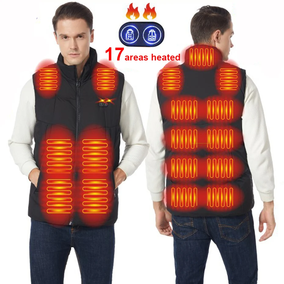 USB Heating Vest Men Winter Thick Sleeveless Jacket Infrared 17 Heating Areas Vest Winter Electric Heated Vests Plus Size 5XL