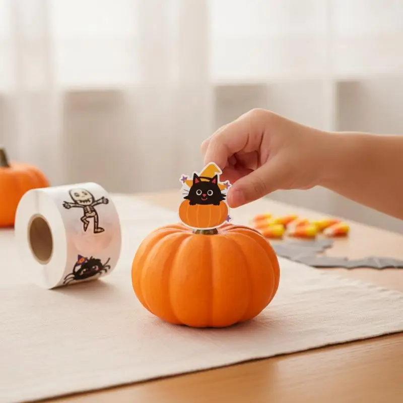 Halloween Waterproof Sticker Rolls 500Pcs Pumpkin Ghost Prints for Party Table Decor DIY Art Crafts Kid Birthday Party Favors