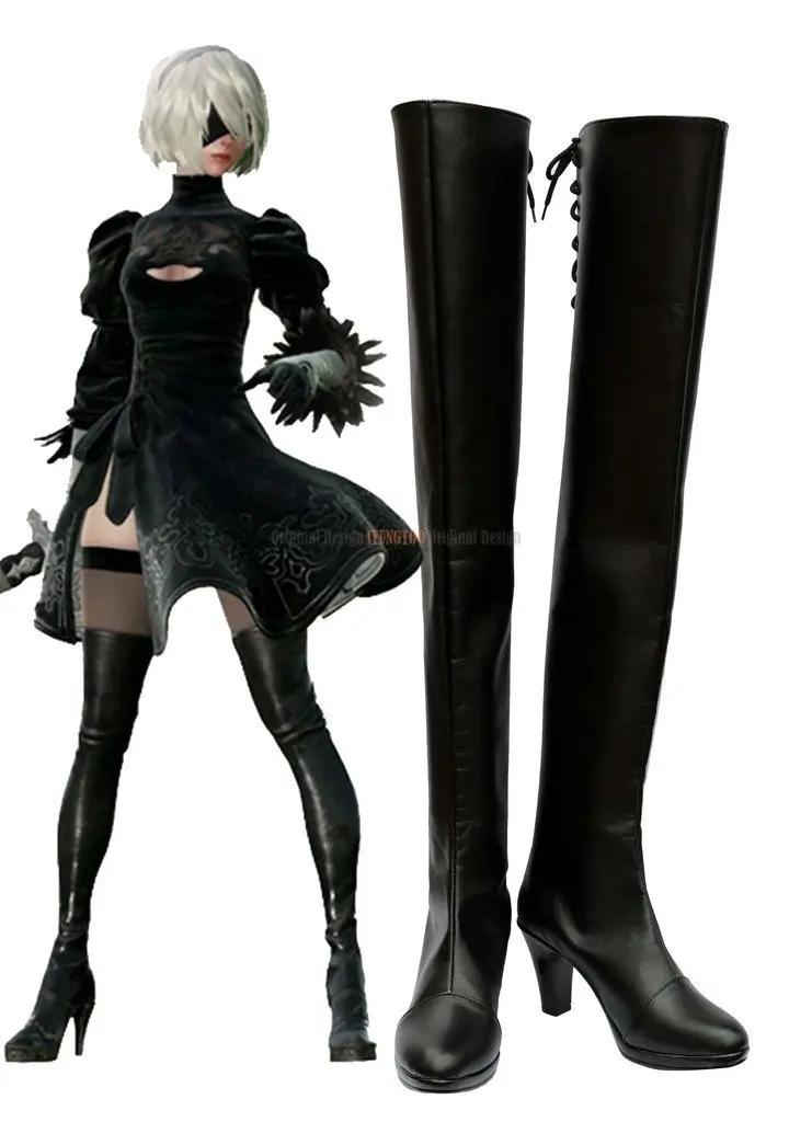 NieR Automata 2B stivali Cosplay YoRHa NO.2 tipo B scarpe Cosplay stivali neri lunghi fatti a mano tacco alto Costum Made