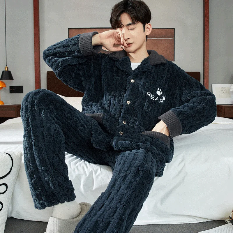 

Winter Male Warm Flannel Zipper Loungewear Set Plush Thick Coral Velvet Sleep Suit Lapel Collar Pajama Sets Men Pajamas Homewear