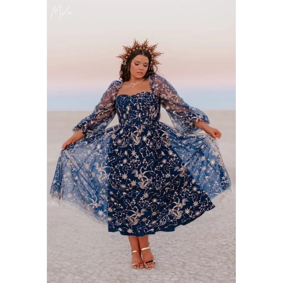 

Mila Navy Blue Square Neck Sheer Puff Sleeve Star Embroidery Customized Formal Evening Midi Gown vestidos de gala Elegant 2025