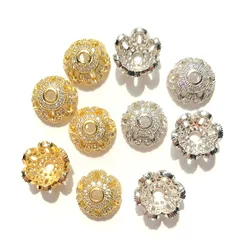10pcs/lot 12mm Flower Beads Caps for Bracelet Making Gold-Plated Zirconia Micro Pave Gold-Plate Spacer Jewelry Finding Wholesale