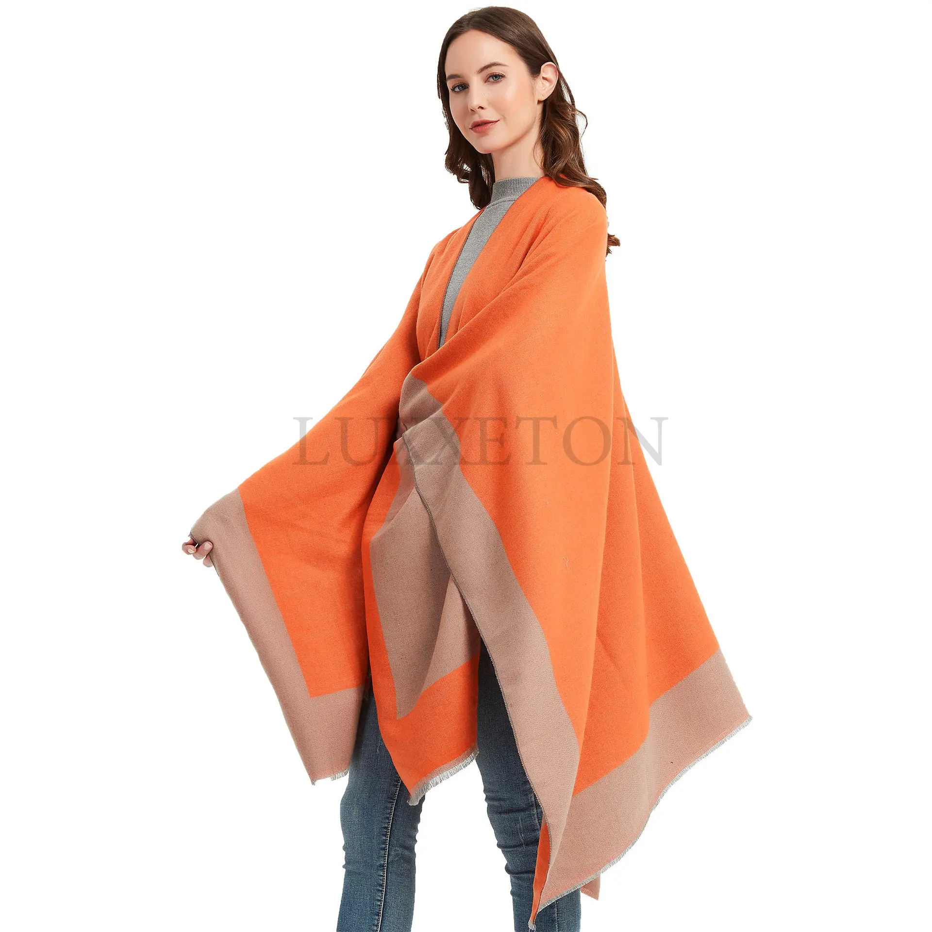 

Women Cashmere Feel Shawl Lady Double-sided Winter Cape Spring Autumn Retro Cardigan Classic Simple Cloak Soft Large Blanket