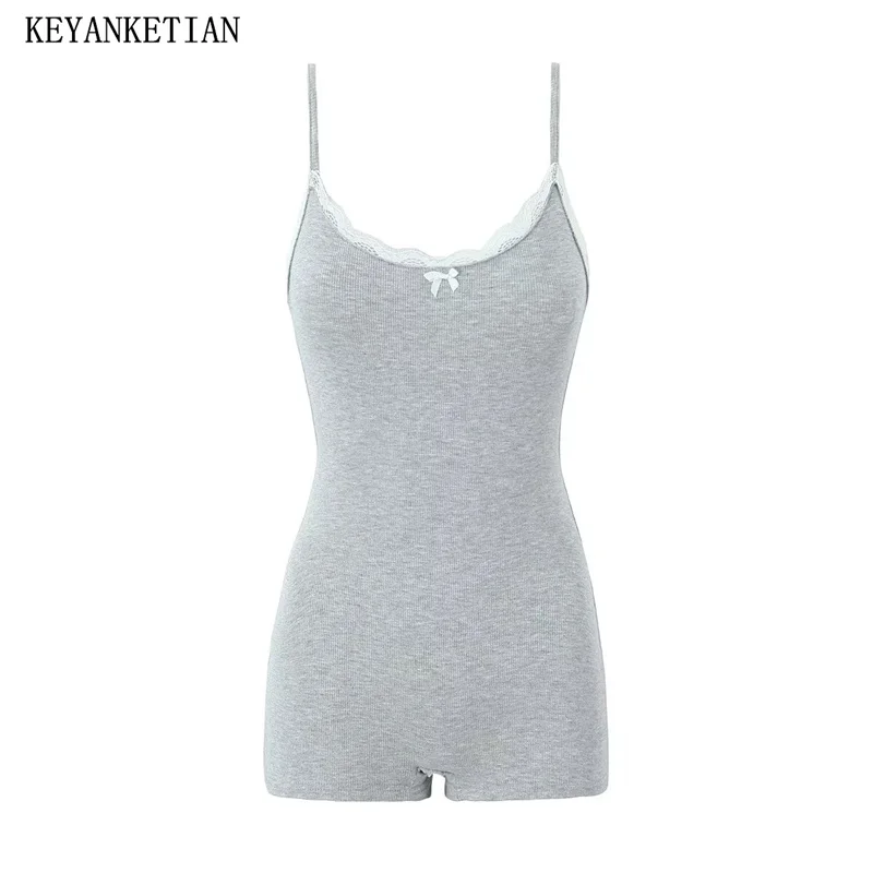 

KEYANKETIAN 2024 New Launch Women Lace Decoration Sling jumpsuit Inner Style Xshape Sexy Backless Screw Thread Sheath Knit short