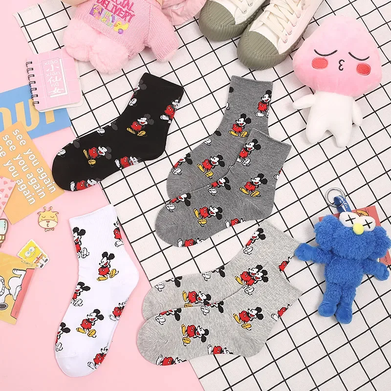 

Disney 1 Piece Couple Women Socks Cotton Breathable Mickey Pattern Gray Black Wild Cartoon Breathable Socks Adult Socks