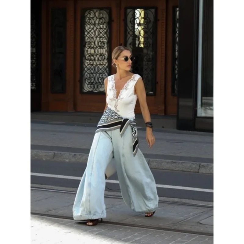 Street Pockets Flared Denim Trousers Women Blue Loose Low Waist Wide Leg Jeans 2025 Autumn Lady Chic All-match Commute Pants - Image 2