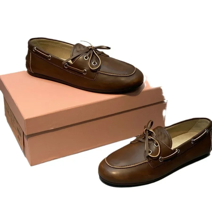 Vintage Distressed Fashion Casual Shoes Women's Flat Heel Loafers With Sheepskin Sole Rubber Outsole Summer Footwear For Adults